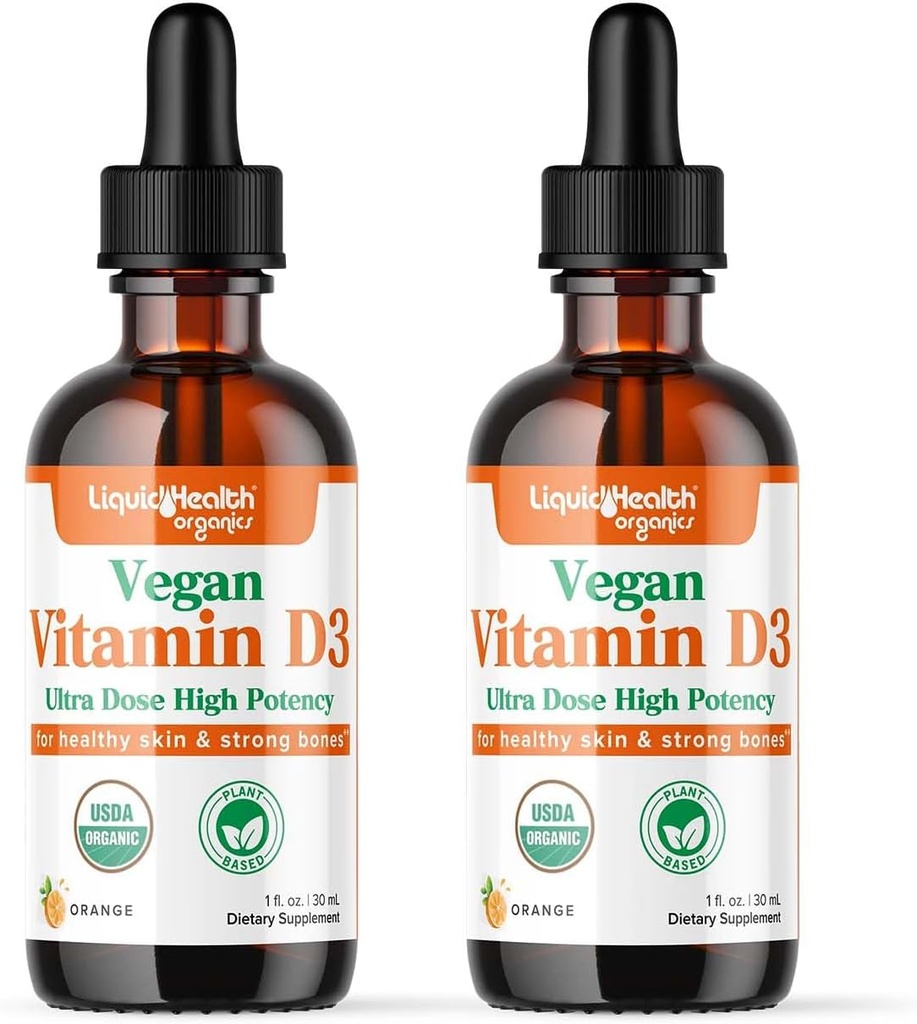 LIQUIDHEALTH Vitamin D3 4000 IU, USDA Organic Vitamin D Liquid Drops for Adults & Kids, Vegan Vitamin D for Immune System Support, Bone Health, Mood Support, Healthy Skin - Made in USA (2 Pack)
