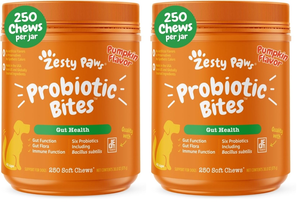 Zesty Paws Probiotics for Dogs, Digestive Enzymes Gut Flora, Digestive Health, Diarrhea & Bowel Support, DE111, Dog Probiotic Soft Chew for Pet Immune System, Pumpkin, 250 Ct (Pack of 2)
