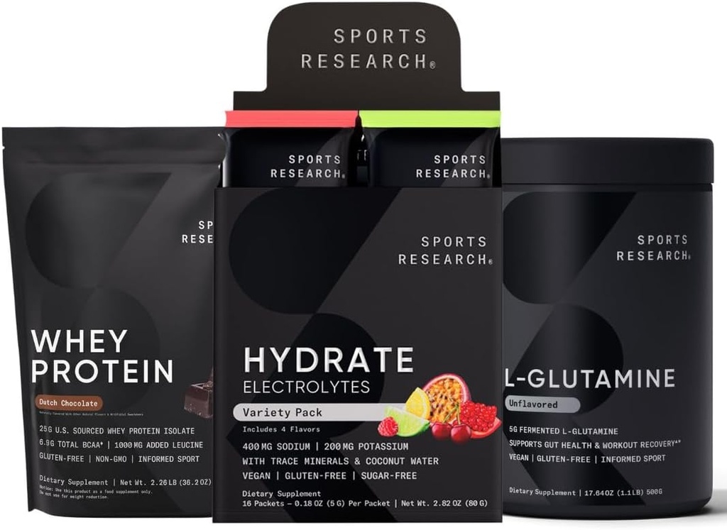 Sports Research Multi Flavor Hydrate Electrolytes Packets, Dutch Chocolate Flavored Whey Protein Isolate Powder and Unflavored L-Glutamine