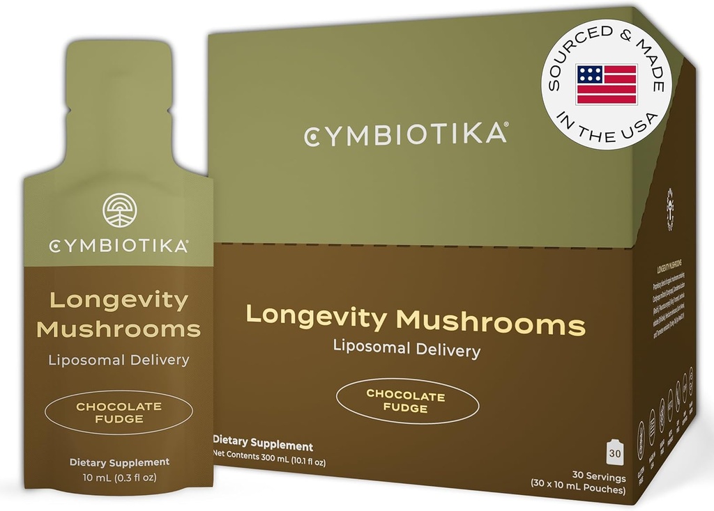 CYMBIOTIKA Liposomal Mushroom Supplement with Lion's Mane, Turkey Tail, B-Vitamins, Cordyceps & Reishi Mushrooms, Supplements for Immune Support and Energy, Chocolate Fudge Flavor, 30 Pack