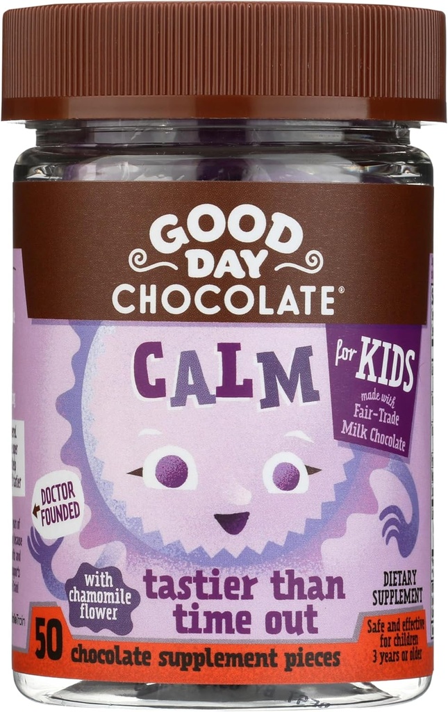 Good Day Chocolate Natural Calming Supplement for Kids, Blend of Camomile, L-Theanine, Fair Trade and Non-GMO Chocolate, 50 Pieces