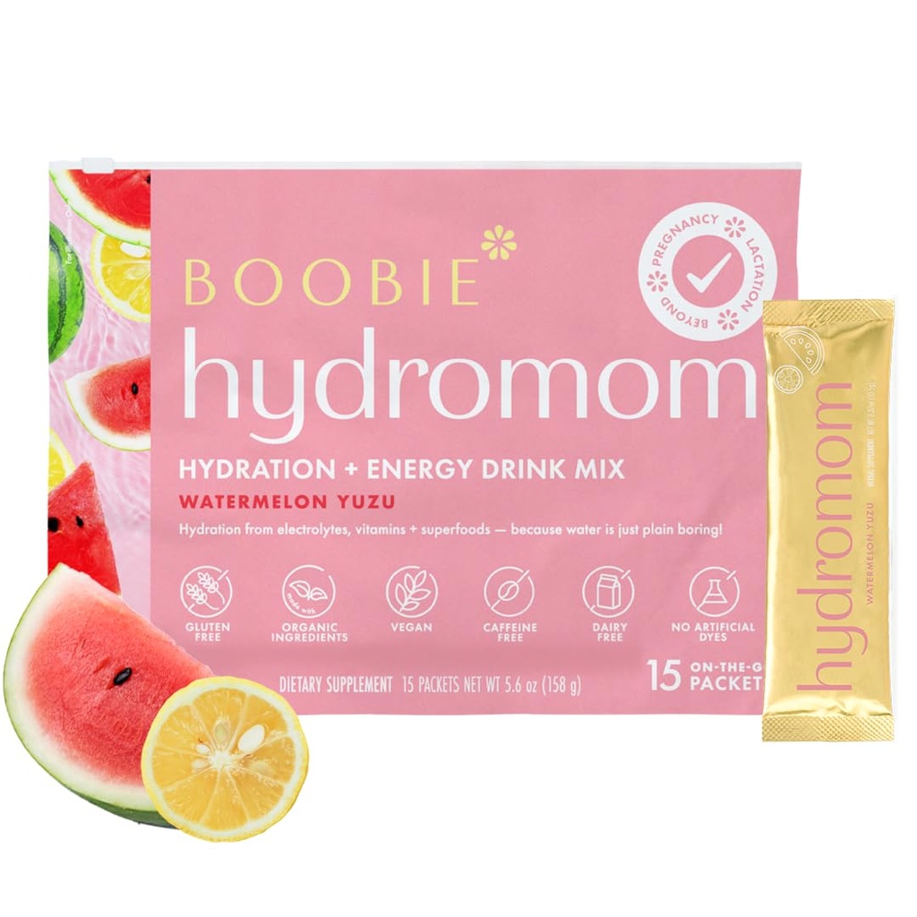 Boobie Hydromom Superfood Electrolyte Drink Mix, Watermelon Yuzu | Refreshing Energy & Hydration Boost for Mamas | On-The-Go & Travel Essentials for Pregnancy, Lactation, & Beyond, 15 Packets