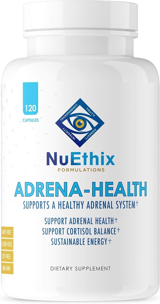 NuEthix Formulations Adrena-Health Dietary Supplement, Support Cortisol Health, Energy Levels, Mood Moderation, Adrenal Support Supplements for Women & Men, Fatigue Supplement - 120 Capsules