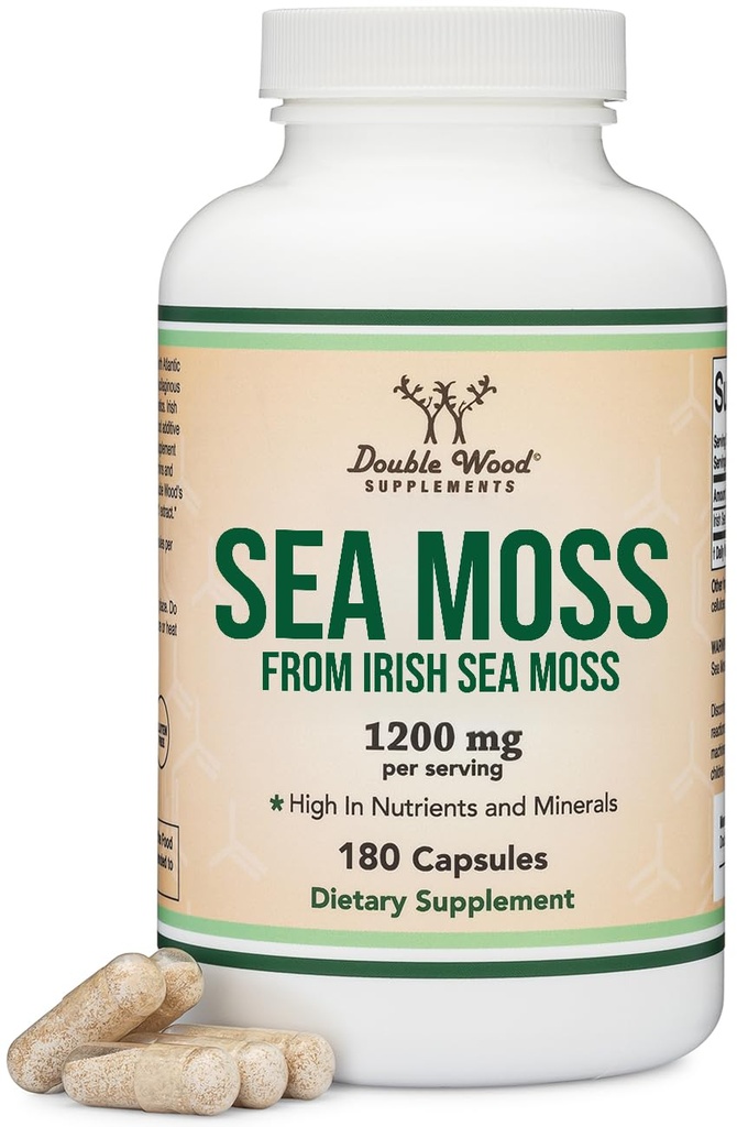 Irish Sea Moss Capsules, More Potent Than Sea Moss Gel Extract (180 Count, 1,200mg per Serving) (from Wildcrafted and Raw Chondrus Crispus) Nutrient Rich Superfood High in Minerals by Double Wood