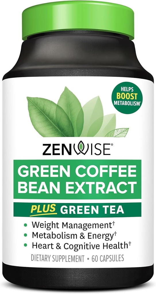 Zenwise Health EGCG Green Tea Extract Capsules with Coffee Bean Extract - 50% EGCG + 98% Polyphenols Supplement - Green Tea Pills for Skin and Heart Support + Brain Health and Memory Boost - 60 Count