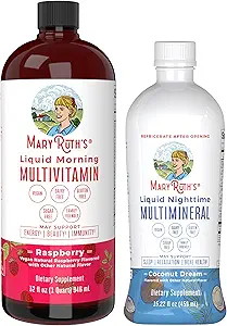 MaryRuth's Liquid Morning Multivitamin Raspberry (32oz) & Liquid Nighttime Multimineral Coconut (15.22oz) | Sugar-Free, No Melatonin | Vegan, Non-GMO | Supports Sleep, Beauty, and Overall Health