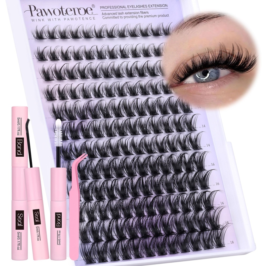 Pawotence Lash Clusters Kit Wispy Lash Extension Kit 10-18mm Cluster Eyelash Extensions Kit Individual Lashes 144pcs Eyelash Clusters with Lash Bond and Seal, Lash Tweezers for Self Use