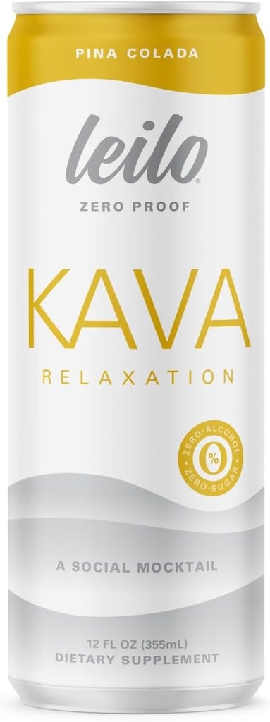 LEILO | Kava Powered Pina Colada Mocktail Drink | 12-Pack - Sugar-Free & Non-ALC Functional Relaxation Support | 12 fl oz Cans (Pack of 12)