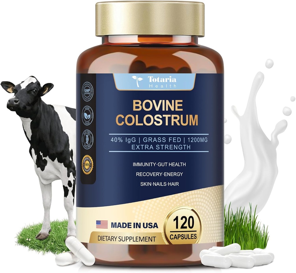 Totaria Bovine Colostrum Supplement Capsules for Gut Health, Hair Growth, Beauty and Immune Support - USA Farm Grass Fed - No Fillers, GMP Certified Calostro Bovino para Adultos Organico, 60 Servings