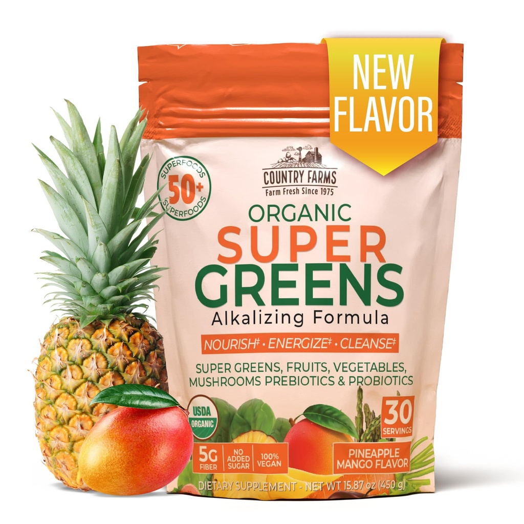 Country Farms Super Greens Pineapple-Mango Flavor, 50 Organic Super Foods, USDA Organic Drink Mix (Wheat Grass, Spirulina, Chlorella) Mushrooms & Probiotics, with Fiber, Natural Energy, 30 Servings