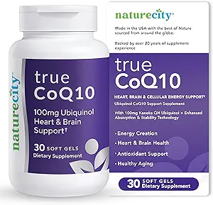 NatureCity True-CoQ10 Ubiquinol 100mg Highly Absorbable and Stablized Kaneka QH CoQ10 Heart, Brain and Cellular Energy Supplement - (30 Soft Gels) Active CoQ10 as Ubiquinol