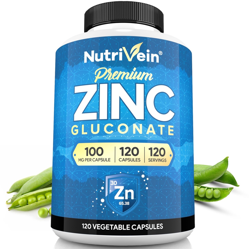 Nutrivein Premium Zinc Gluconate 100mg - 120 Capsules: High-Absorption Zinc Gluconate Supplements for Whole-Body Well-Being - Essential Elements for Wellness