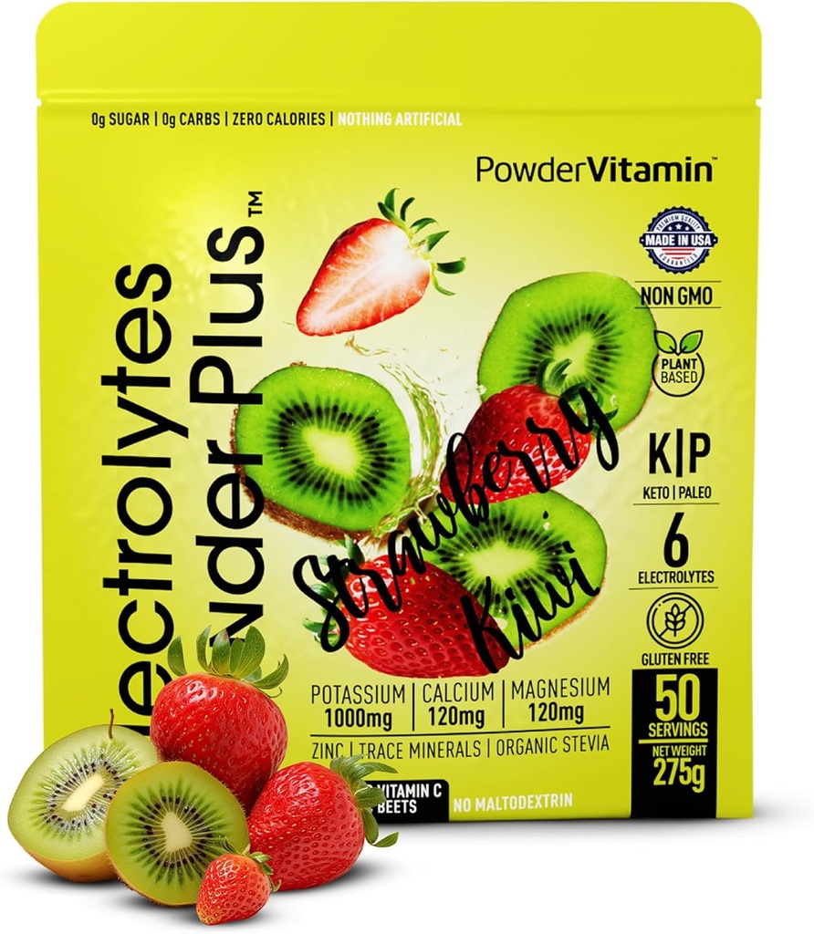 Electrolytes Powder Plus (50 Servings), 0 Calorie Keto, 0 Sugar, No Maltodextrin,1000mg Potassium,120mg Calcium,120mg Magnesium, Hydration Powder (50 Servings, Strawberry Kiwi)