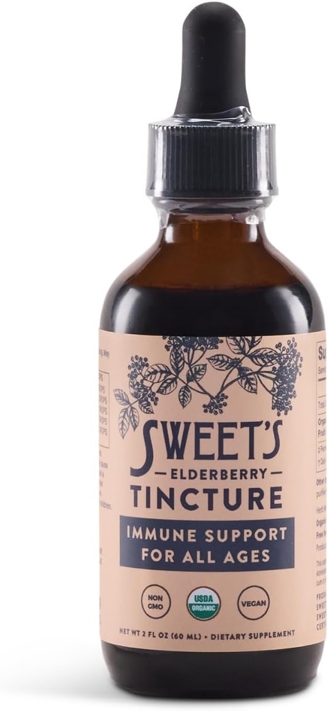 Sweet's Elderberry Tincture | USDA Organic | Alcohol-Free | Black Elderberry | Immune Support for All Ages | Travel-Friendly 2 oz Bottle with Dropper | Vegan | Keto | Non-GMO | Unsweetened