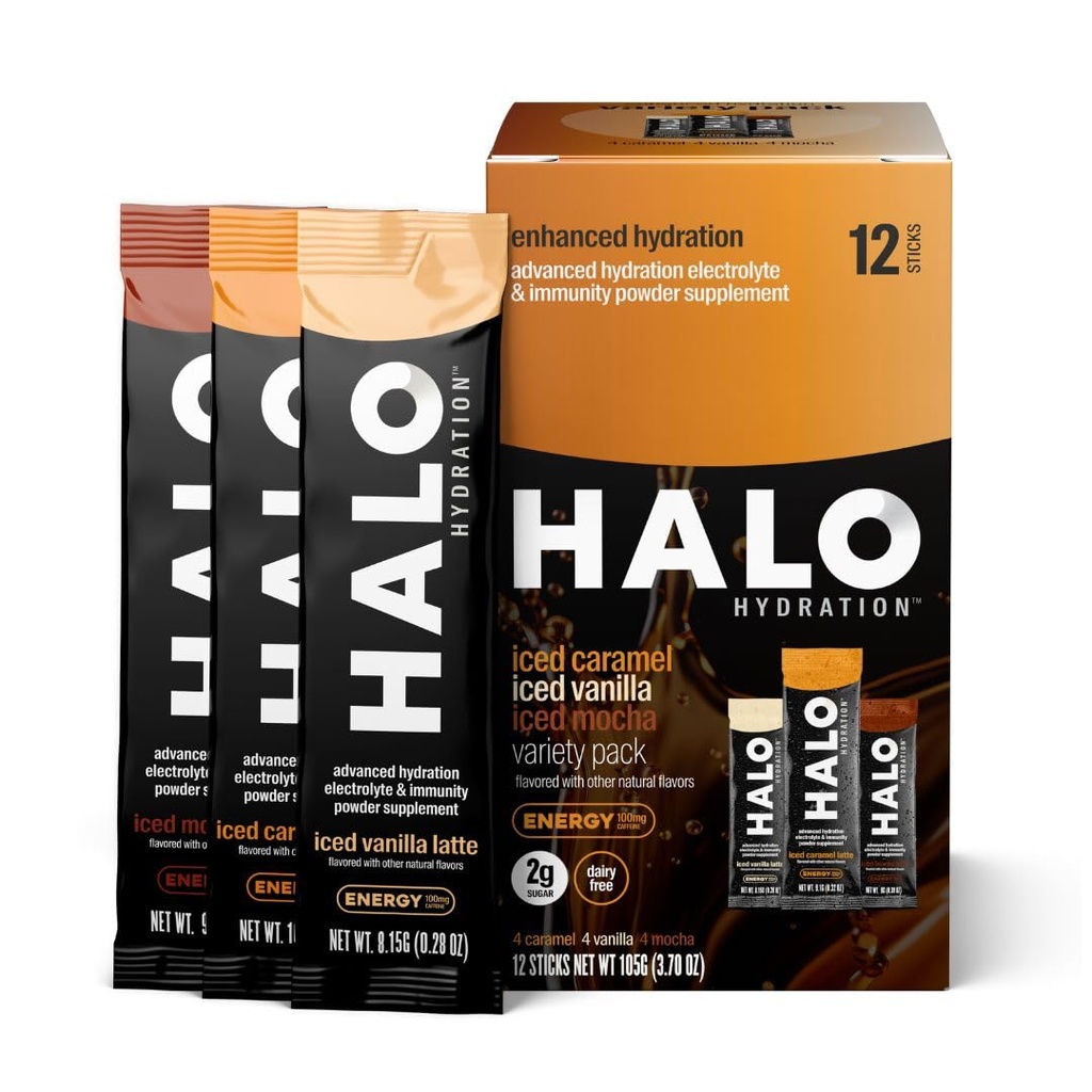 HALO Hydration – Electrolyte Energy Drink Mix | Hydration Powder Packets | Variety Pack (Caramel, Vanilla, Mocha Lattes), Healthy Skinny Coffee | Easy Open Single Serving Stick | 12 Sticks