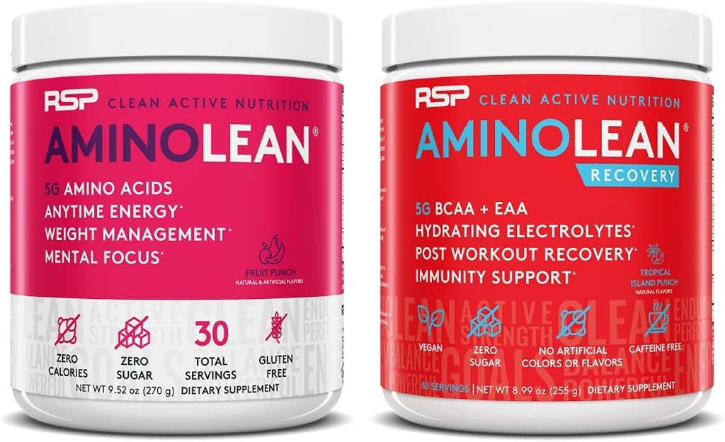 RSP NUTRITION AminoLean Pre Workout Energy (Fruit Punch 30 Servings) with AminoLean Recovery Post Workout Boost (Tropical Island Punch 30 Servings)