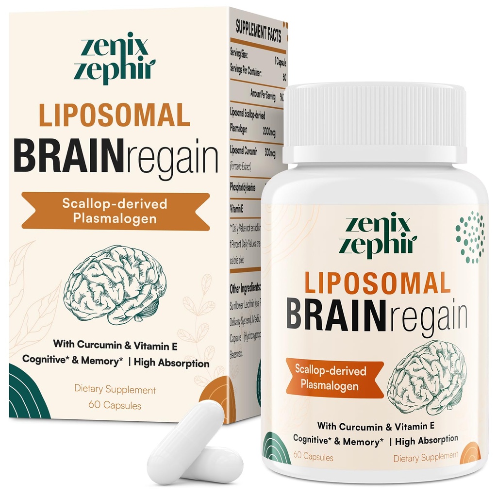 Liposomal Brain Supplements for Memory and Focus - Plasmalogen with Curcumin & Vitamin E for Better Absorption- Suitable for Seniors,Adult Men & Women Cognitive Health,High Potency 60 Servings