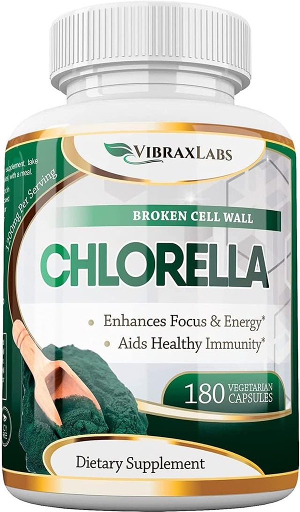 VibraxLabs Chlorella Capsules – Broken Cell Wall 600 mg Veggie Pills (1200 mg Serving) - Protein Powder Supplement for Natural Detoxification, Best with Spirulina, No Aftertaste, Made in USA