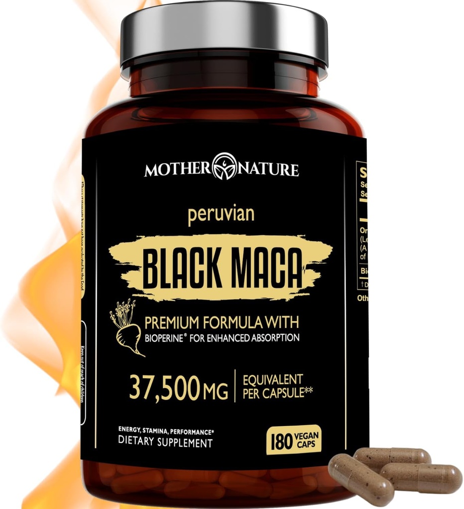 Black Maca Root 50:1 Extract 37,500mg – 180 Capsules Organic Peruvian Maca Peruana Supplement for Men | High Potency Energy, Mood & Performance Support | Vegan, Non-GMO