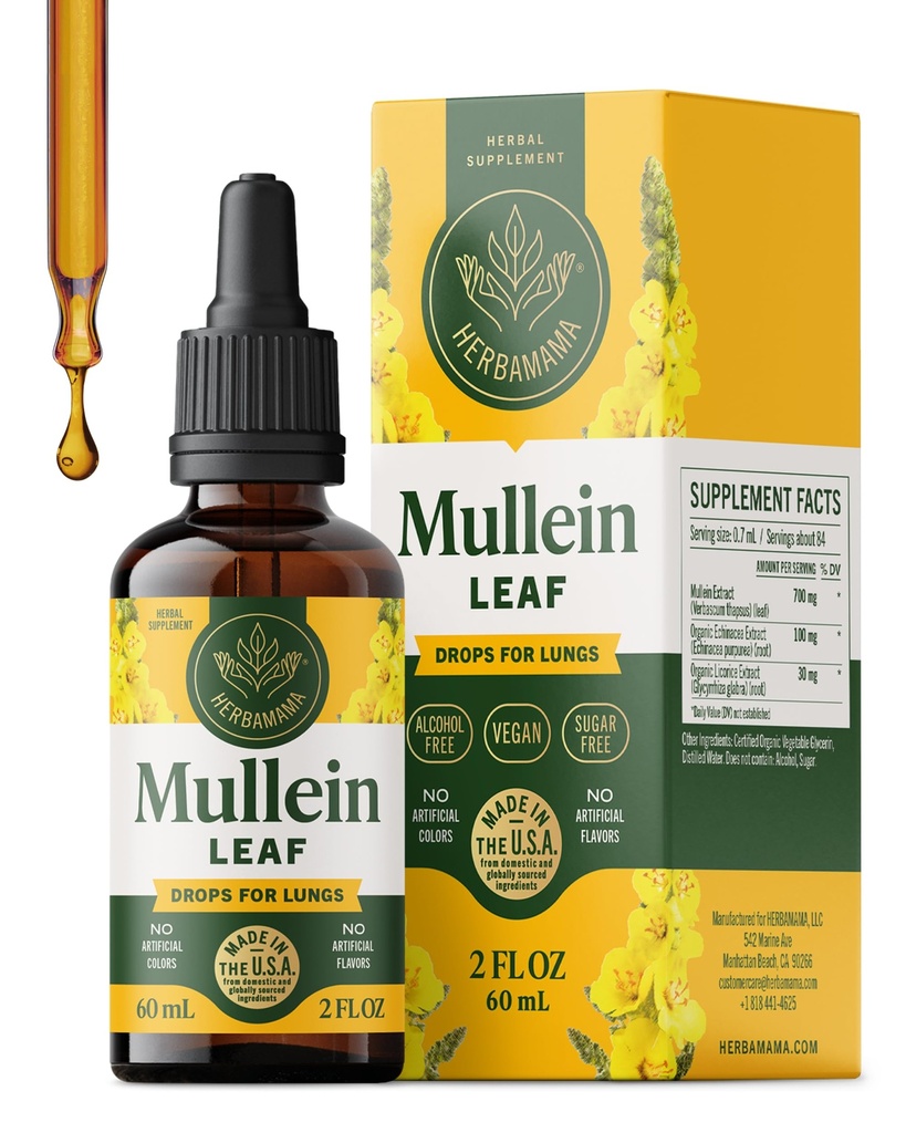 HERBAMAMA Mullein Drops for Lungs - Vegan Lung Cleanse with Mullein Leaf Extract, Echinacea Tincture & Licorice - Non-GMO, Alcohol & Sugar-Free Respiratory Support Supplement - 28-Day Supply