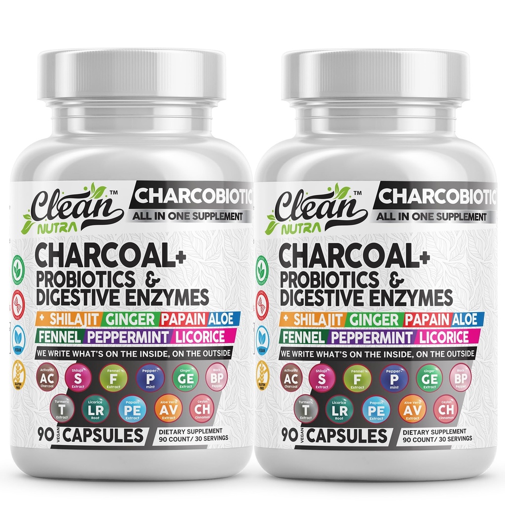Clean Nutra Activated Charcoal Pills + Shilajit Probiotic Digestive Enzymes for Digestive Health Capsules with Peppermint Fennel Licorice Papain Ginger Turmeric Powder | Gut Health (Pack of 2)