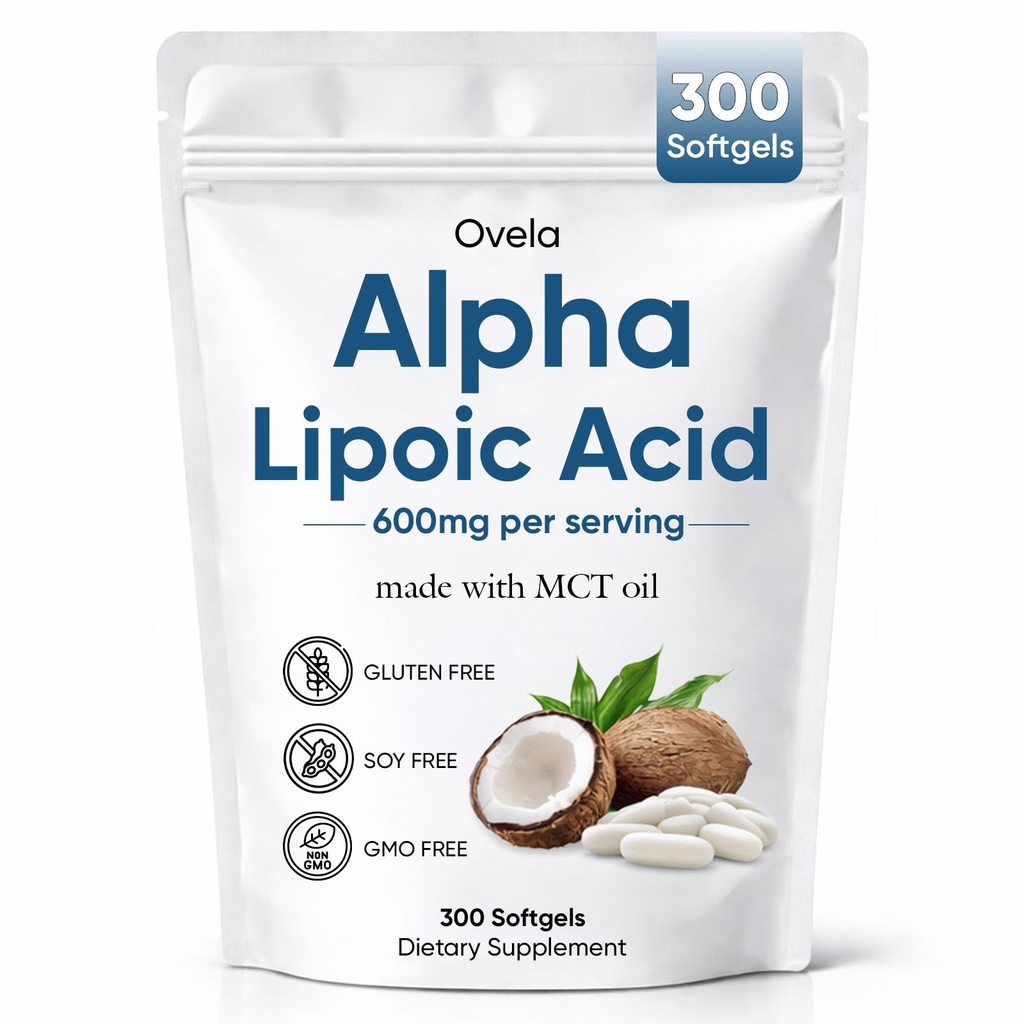 Aacnre Ovela Alpha Lipoic Acid 600mg with MCT Oil, Antioxidant Support for Nerve, Energy & Cellular Health, Non-GMO, Vegan, Gluten Free, 300 Softgels