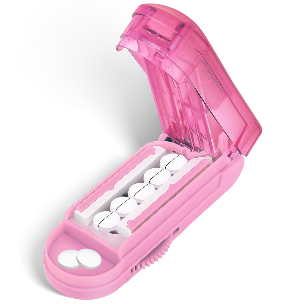DUBSTAR Pill Cutter Splitter for Small and Tiny Pills, Multiple Pill Cutters for Small or Large Pills, Adjustable Pill Splitter with Centering Device and Blade Guard for Multi Tablets (Pink)
