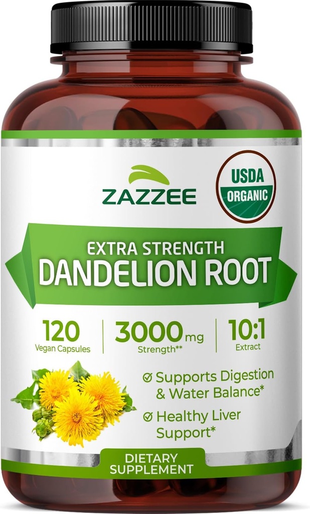 Zazzee USDA Organic Dandelion Root 10:1 Extract, 3000 mg Strength, 120 Capsules, 4 Month Supply, Standardized and Concentrated 10X Extract, 100% Vegetarian, All-Natural and Non-GMO