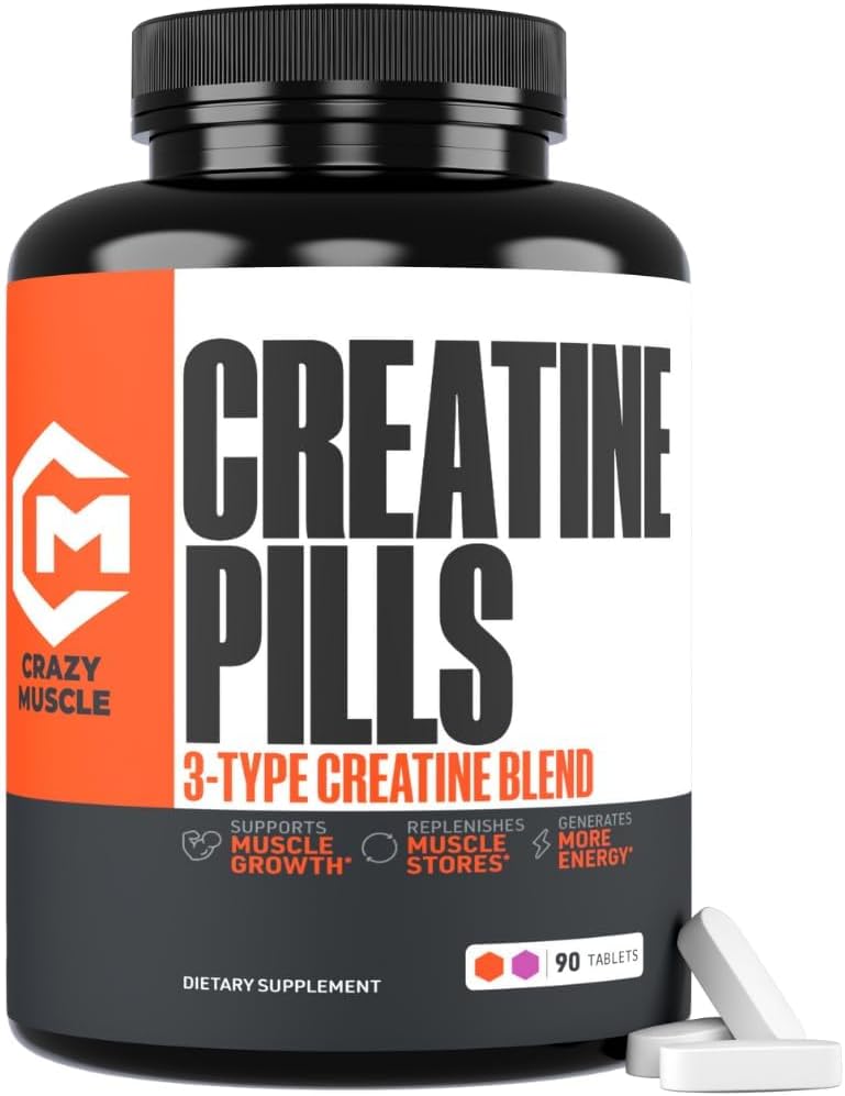Crazy Muscle Creatine Pills, 5g 3X Pure Creatine Monohydrate, Pre Workout Bulk Muscle Mass Gainer, High Absorption Easy to Take ThreeAtine 3 Type Optimum Performance for Lean Growth, 90 Tablets