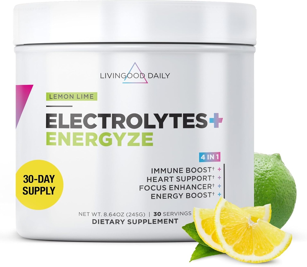 Livingood Daily Electrolytes Powder, Electrolytes Hydration Powder with Vitamin C, Taurine, D Ribose & FOS, Sugar Free Electrolyte Drink Mix, Keto, Gluten Free, Lemon Lime Flavor, 30 Servings