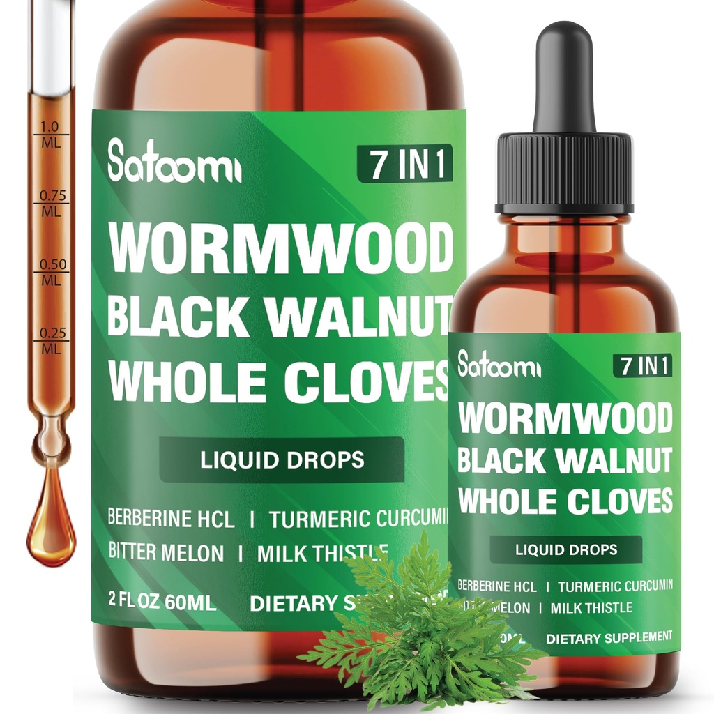 Satoomi 7in1 Wormwood Liquid Drops with Black Walnut, Whole Cloves, Berberine, Milk Thistle, Bitter Melon and Turmeric - 60ml for 60 Days