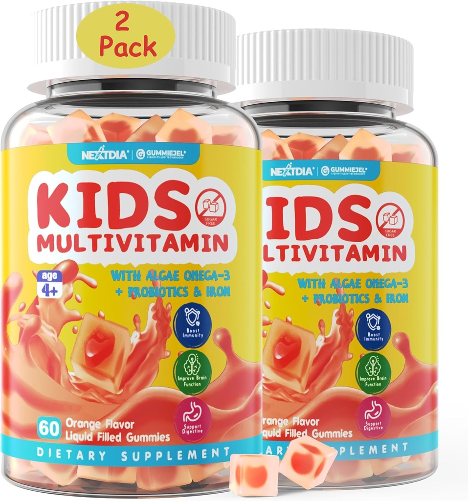 (2 Pack) Kids Multivitamin Gummies with Iron, Sugar Free, Kids Daily Vitamins + Probiotics, Algae Omega 3 (EPA/DHA), A, C, D, Methyl B12, Folate, B6, Zinc, Biotin, for Healthy Growth, Immune Support