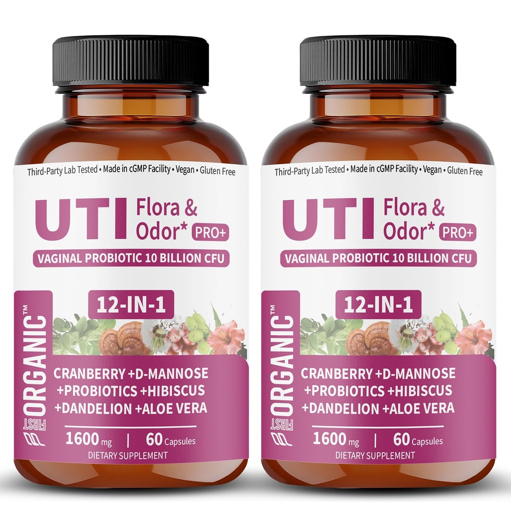 UTI Flora & Odor Pro+ | Pack of 2 | Intimate Freshness & Comfort Support with Cranberry, D-Mannose, Vaginal Probiotics | Third-party Tested, cGMP Facility, Vegan, Non-GMO, Gluten-Free | 60+60 Caps