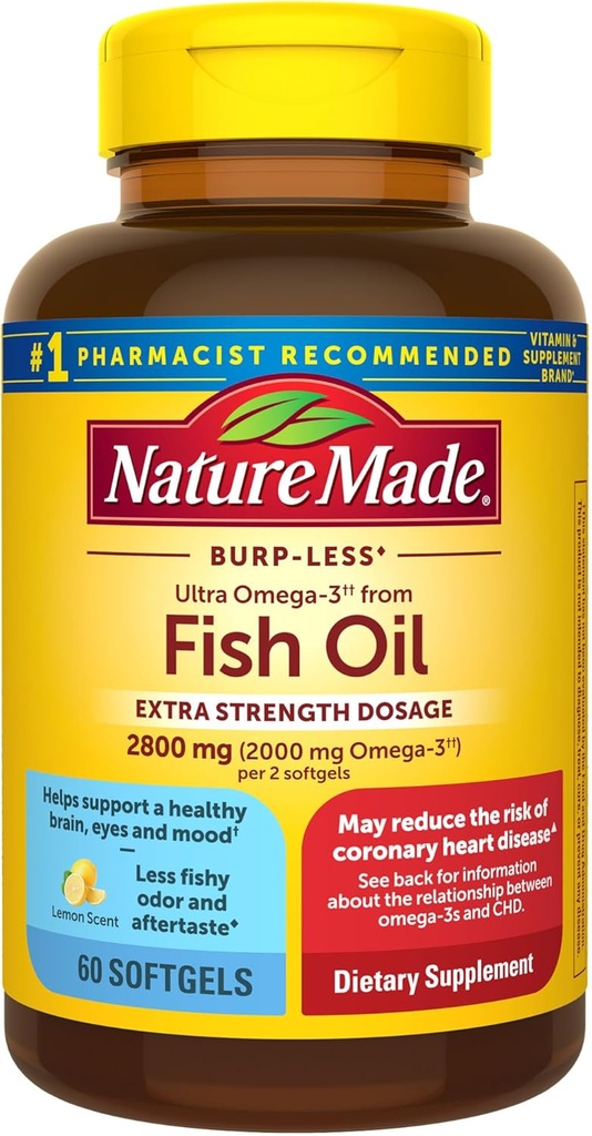 Nature Made Extra Strength Omega 3 Fish Oil Supplements, 2800mg, Fish Oil Omega 3 Supplements as Ethyl Esters for Healthy Heart, Brain, Eyes, Mood Support, 60 Softgels, 30 Day Supply