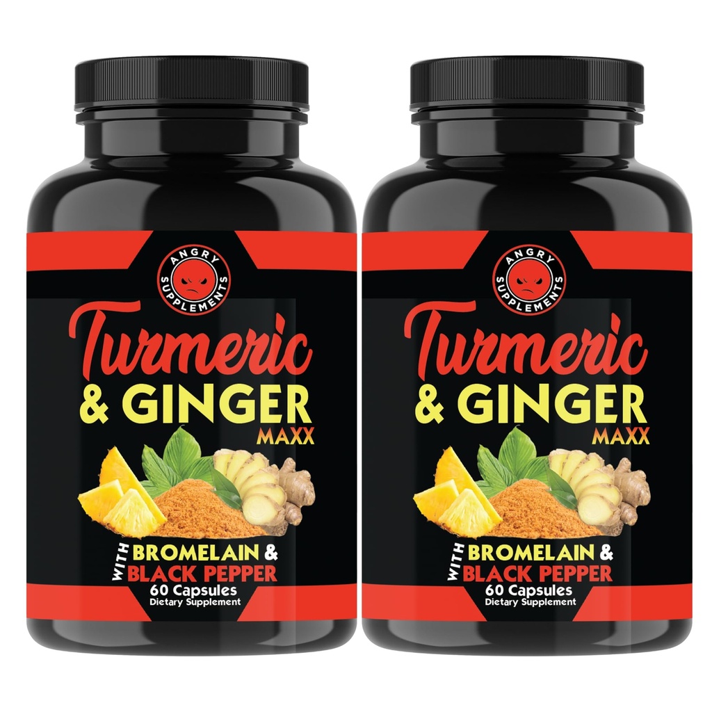 Angry Supplements Turmeric Ginger Maxx 60 Capsules w. Turmeric, Ginger Root, Omega 3, Bromelain, Quercetin & Black Pepper Extract – Wellness & Antioxidant for Men & Women (2-Bottles)