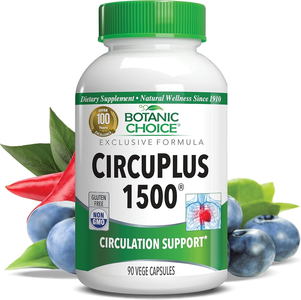 Botanic Choice CircuPlus 1500 - Heart Health & Circulation and Vein Support Supplement - Vitamin B1, Cayenne Pepper, Hawthorn, Ginkgo Biloba for Adults Men & Women (90 Capsules)