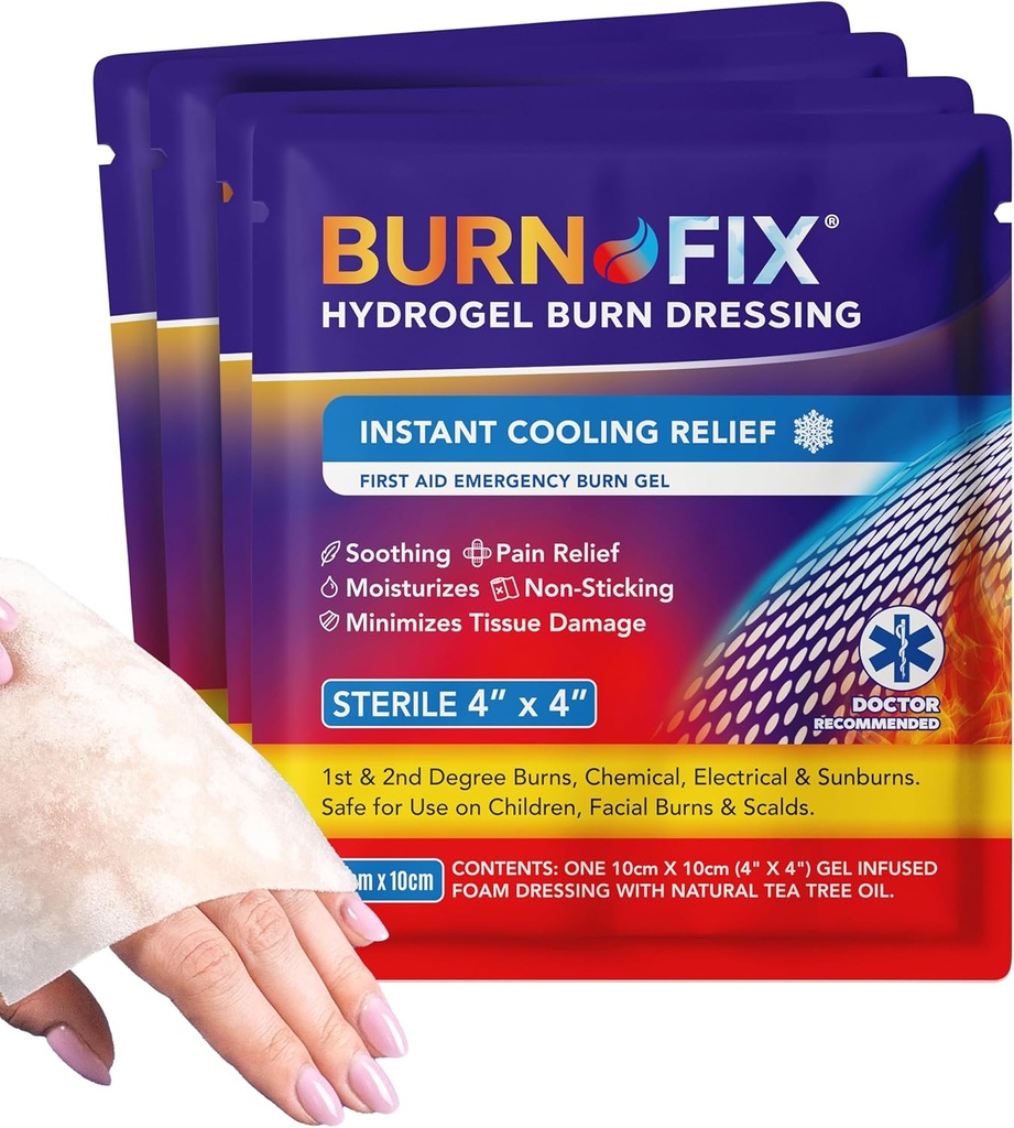 BurnFix® - 4 Pack-Burn Gel Dressing 4 x 4" Burn Care Cream First Aid Treatment. Immediate Pain Relief Hydrogel Burn Dressing for 1st, 2nd Degree Burns, Razor & Sunburns for Home, Work, Fire, EMS