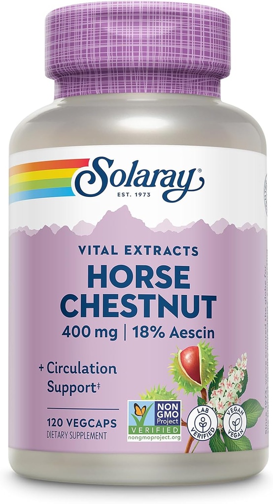 SOLARAY Horse Chestnut Extract 400 mg - Standardized to 72 mg Aescin - with 55 mg of Butchers Broom - Vein and Blood Circulation Supplements - Vegan, Non-GMO, 60-Day Guarantee, 120 Serv, 120 VegCaps