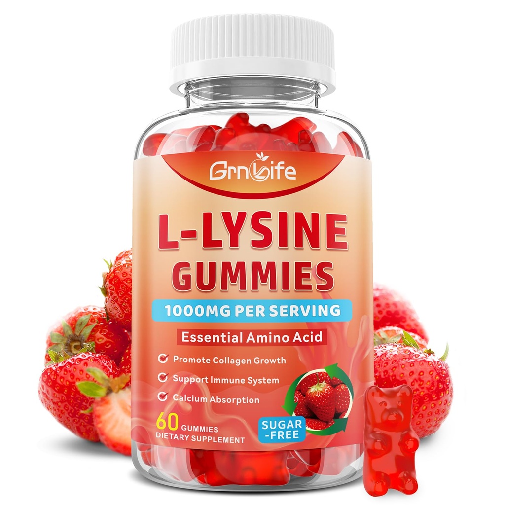 L-Lysine 1000mg Gummies, Chewable Lysine Supplement for Adults & Kids, Essential Amino Acid Supplement for Immune Support, Collagen Formation Support, Strawberry, 60 Count