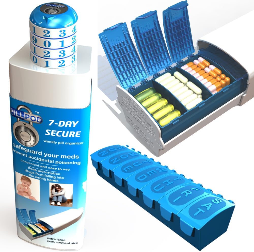 Pill Pod 7 Day Secure, Locking Pill Organizer, Child-Resistant Medication Lock Box, Extra Large Weekly Pill Planner, Senior Friendly