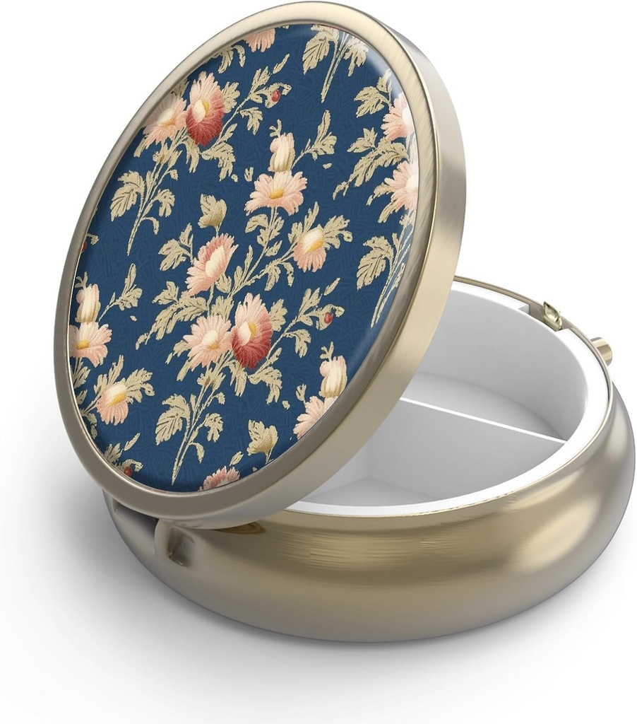 Pill Case Pill Box with Mirror Retro 3 Compartment Small Pill Case for Purse or Pocket Bronze Small Roud Pill Box or Vitamins, Fish Oil, Supplements, Pill Containe Travel Gifts（Retro Rose Floral）