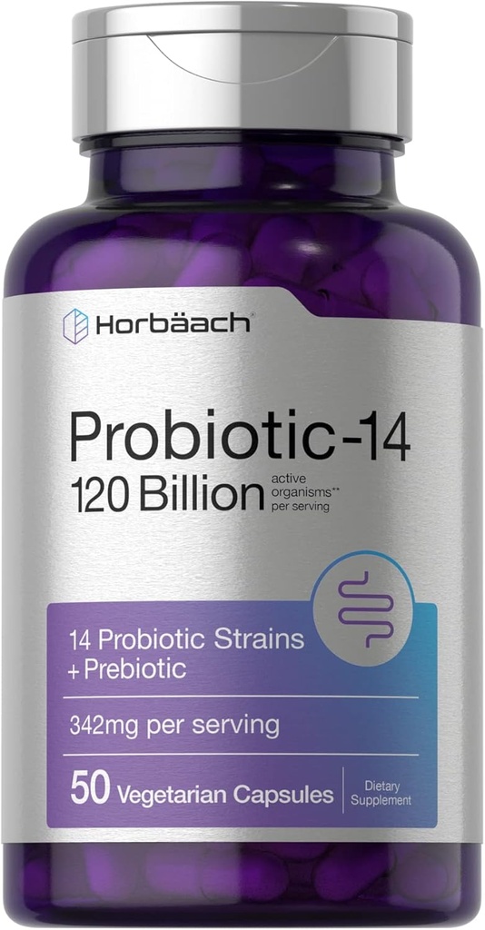 Horbäach Probiotics 120 Billion CFU | 14 Strains with Prebiotics | for Women & Men | 50 Capsules | Vegetarian, Non-GMO & Gluten Free Supplement