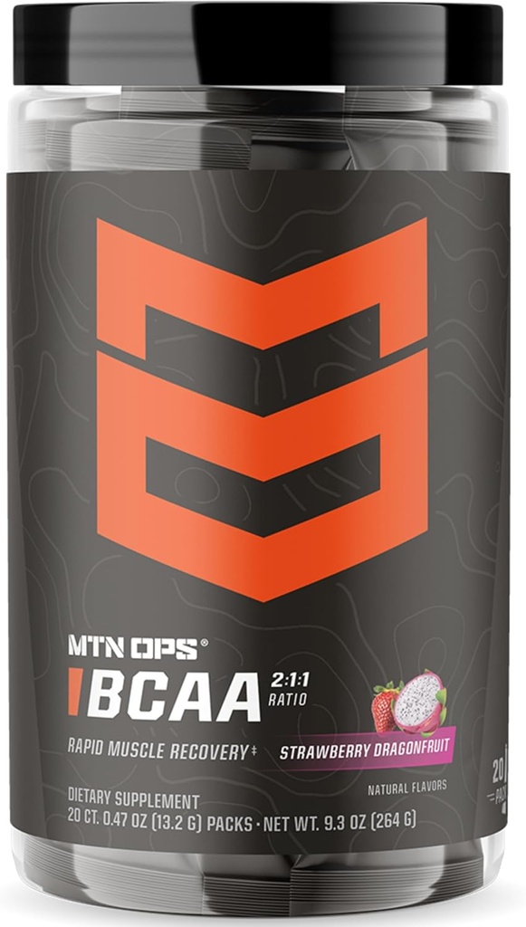 MTN OPS BCAA Powder 2:1:1 Amino Acids Supplement Powder for Rapid Muscle Recovery & Repair with Zero Sugar & Gluten Free - 20-Servings, Strawberry Dragonfruit Trail Packs