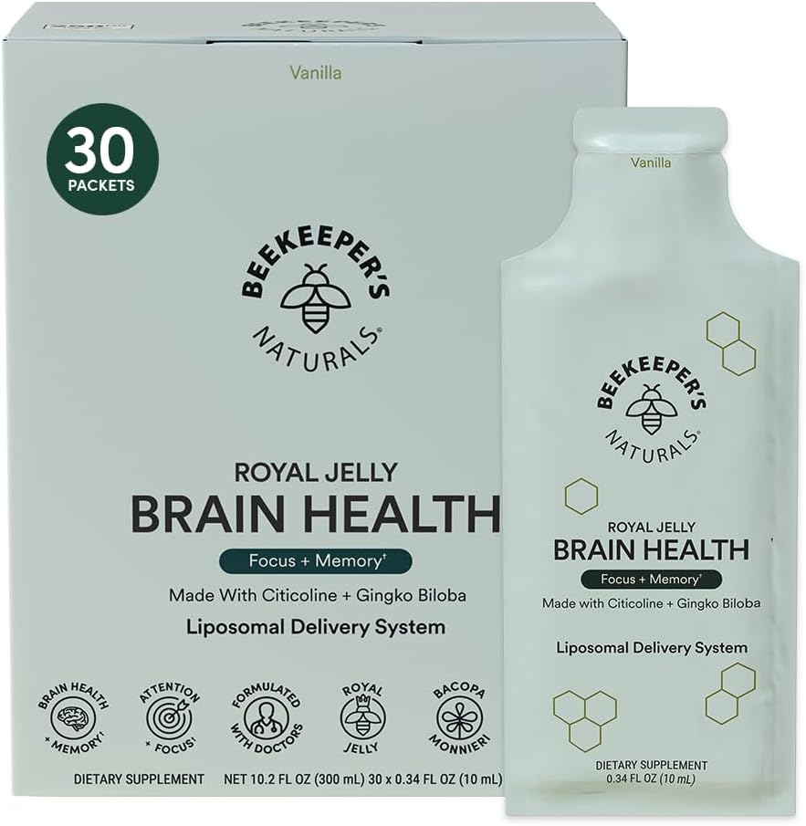 Nootropic Brain Supplement by Beekeeper's Naturals, 500mg Citocoline, Ginkgo Biloba, Bacopa Monnieri & Royal Jelly, Supports Focus & Memory, Easier Absorption, Plus a Tasty Vanilla Flavor, 30ct