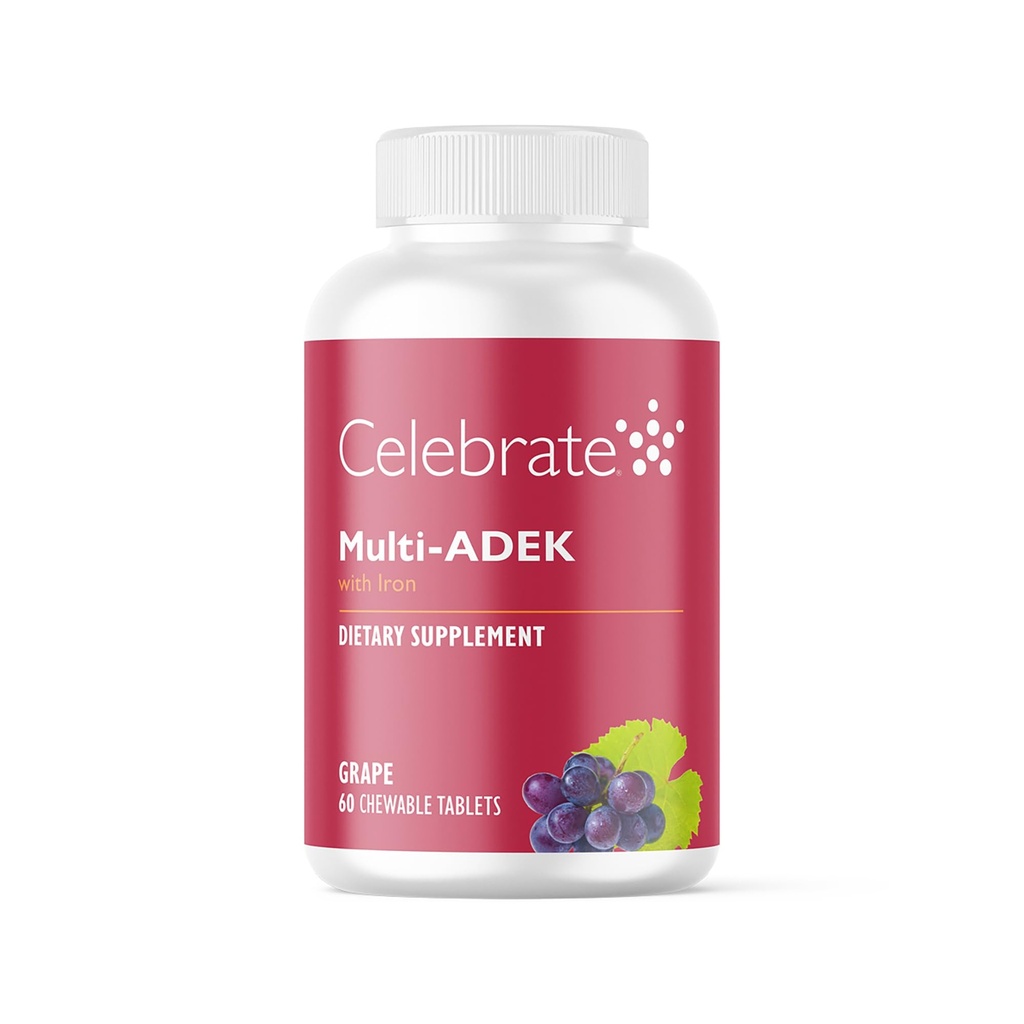 Celebrate Vitamins Multi ADEK Chewables, 60mg Iron - Daily Bariatric Multivitamin, Vitamins A, D, E, K & B12 for Duodenal Switch Surgery Patients - Grape (60 Tablets)