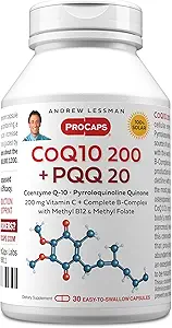 ANDREW LESSMAN Coenzyme Q-10 200 Plus PQQ 20mg - 30 Capsules - Maintains CoQ10 Levels, Optimum Cellular Energy, Supports Energy Production, Heart, Brain, Liver, Kidney, Pancreas. No Additives