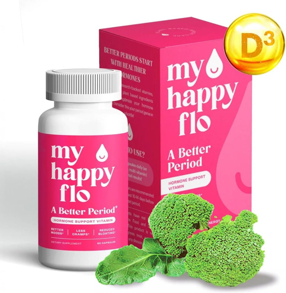 My Happy Flo PMS Support Supplement for Women with Iron, PMS Relief Hormone Support for Women, 10-in-1 PMDD Supplements for Women | DIM & I3C Indole-3-Carbinol for Cramp Relief, Heavy Flow - 60 Caps