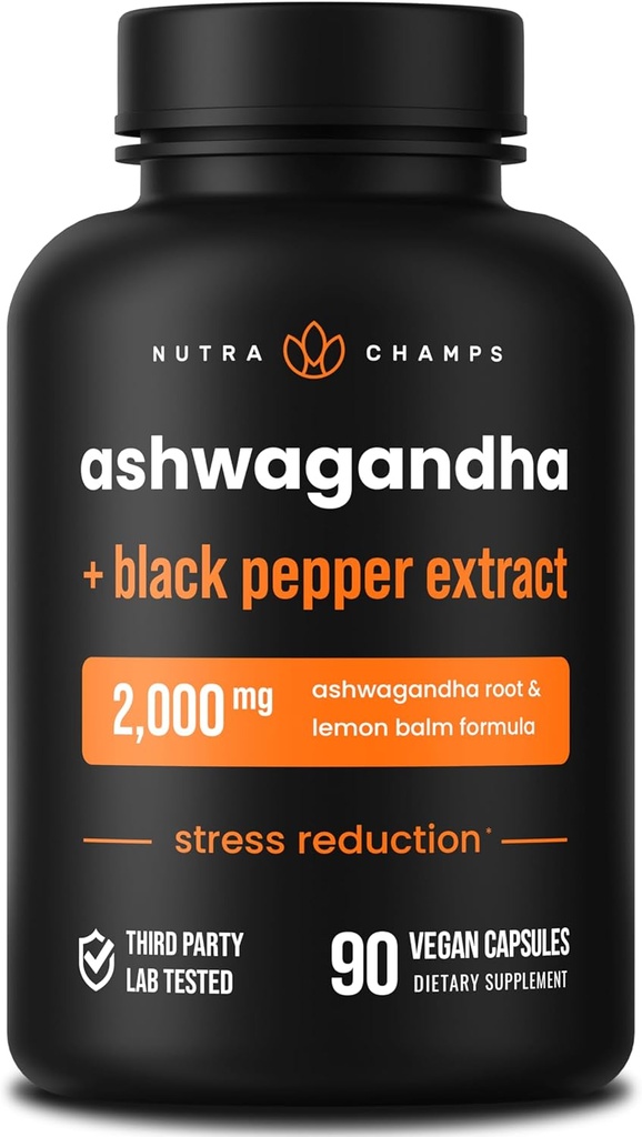 NutraChamps Organic Ashwagandha Capsules, 2000mg Adrenal Fatigue, Thyroid & Mood Support Ashwagandha Supplements, Ashwagandha Root Powder & Lemon Balm, Superior Absorption with Black Pepper