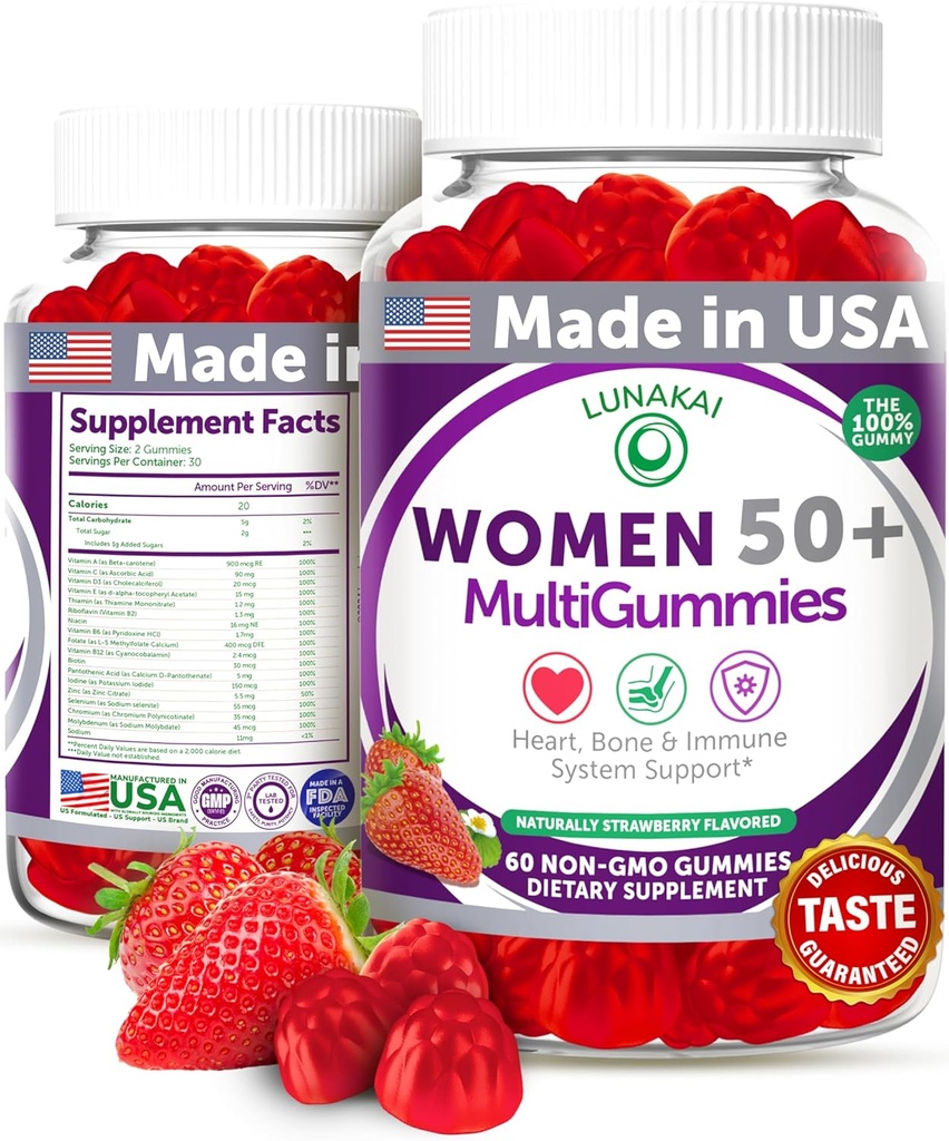 Lunakai USA Made 50 Plus Women's Multivitamin Gummies - Delicious Formula Enhanced with Essential Vitamins & Minerals for Health & Vitality - 60ct
