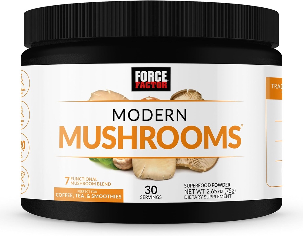 Force Factor Modern Mushrooms Powder, Mushroom Supplement to Support Energy, Focus, Immunity, & Digestion with Cordyceps, Turkey Tail, Chaga, Reishi, Lion’s Mane, Shiitake, Unflavored, 30 Servings